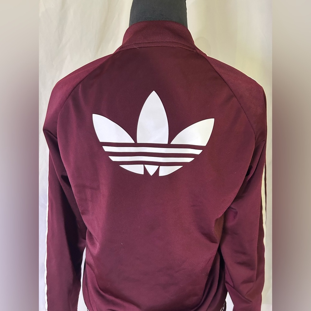 Adidas women’s Burgundy Track Jacket zip up three stripes - Picture 3 of 10